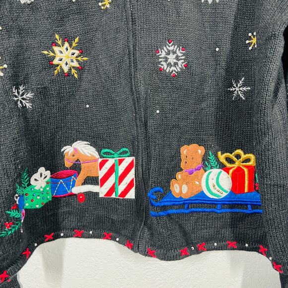 Vintage Christmas Sweater Designers Orig Full Zip Cardigan Black Silver - L - Picture 3 of 6